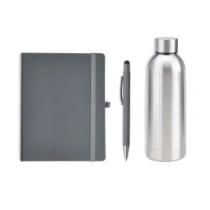 KIT GARRAFA, CADERNO E CANETA - CINZA/PRATA - 3 PÇS