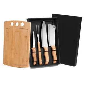 KIT PARA CHURRASCO / COZINHA EM BAMBU / INOX - 5 PÇS