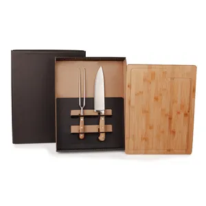 KIT PARA CHURRASCO EM BAMBU / INOX COM TÁBUA - 3 PÇS