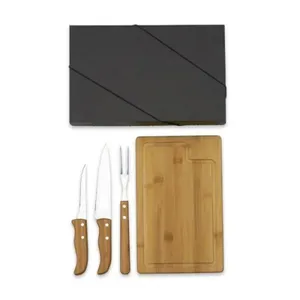 KIT PARA CHURRASCO EM BAMBU / MADEIRA / INOX - 4 PÇS