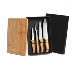 KIT PARA CHURRASCO EM BAMBU / MADEIRA / INOX - 5 PÇS