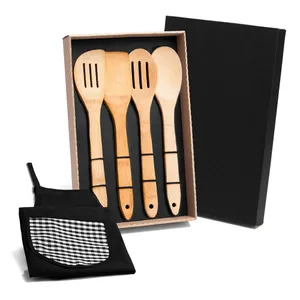 KIT UTENSÍLIOS EM BAMBU 30 CM COM AVENTAL - 5 PÇS