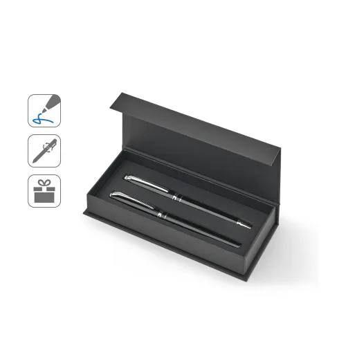 SARAMAGO. Set premium de 1 caneta esferográfica e 1 caneta roller em cobre e aço inox, com escrita em azul-91992