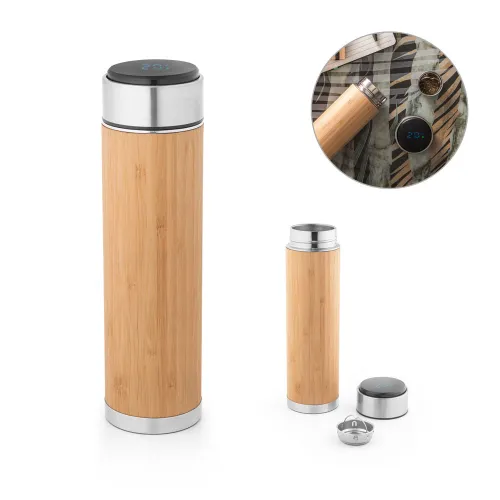 JOSHUA. Garrafa em aço inox e bambu de parede dupla térmica, isolada a vácuo com termómetro digital 430 mL-94296