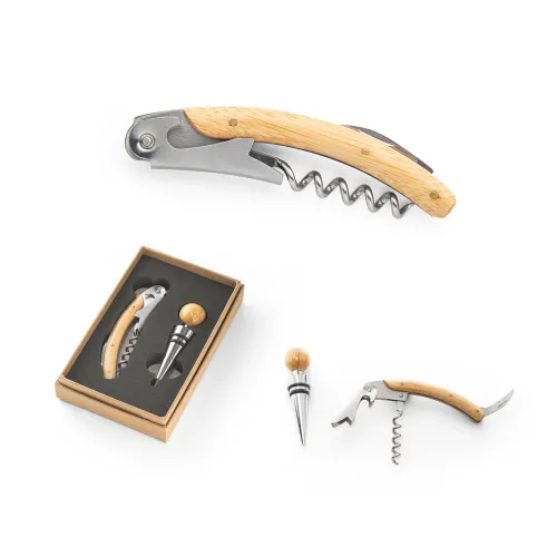 BARBERA. Conjunto de vinho com dois componentes em metal e bambu-94328
