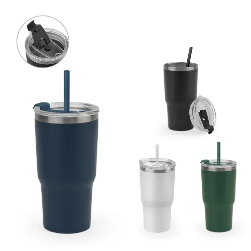 JOYNER M. Copo de viagem compacto em aço inox 91% reciclado com parede dupla isolada a vácuo e acabamento mate 600 mL-94372