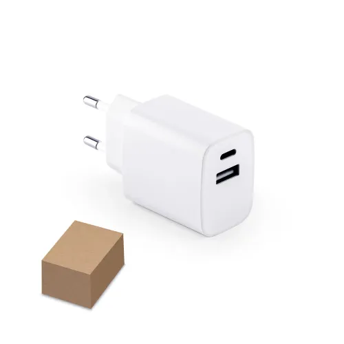 WEGENER. Adaptador de corrente com porta USB-A 18W e USB-C 20W em ABS 100% reciclado-97186