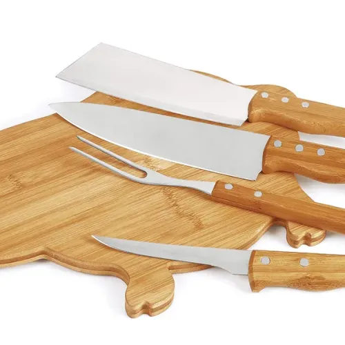 KIT PARA COZINHA COM TÁBUA PORCO EM BAMBU / MADEIRA / INOX - 5 PÇS-MB-40683
