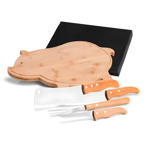 KIT PARA COZINHA COM TÁBUA PORCO EM BAMBU / MADEIRA / INOX - 5 PÇS-MB-40683