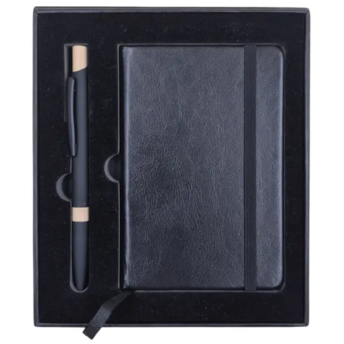 Caderneta Couro Sintético A6 e Caneta com Detalhe em Bambu-A6-6+23150RB+BOX