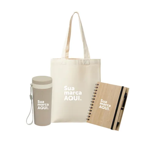 Caderno de Papelão com Caneta + Sacola de Algodão + Copo Fibra de Bambu 350ml-KT-165