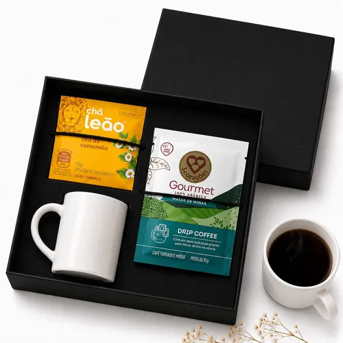 Caixa de papel com caneca de porcelana de 120 ml, sachê de Drip coffe e sachê de chá Leão-KC124