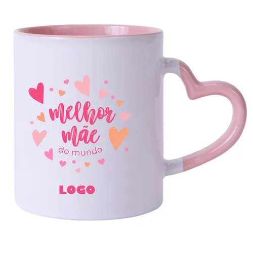 Caneca De Cerâmica Com Alça De Coração E Interior Rosa Claro 325Ml-57132