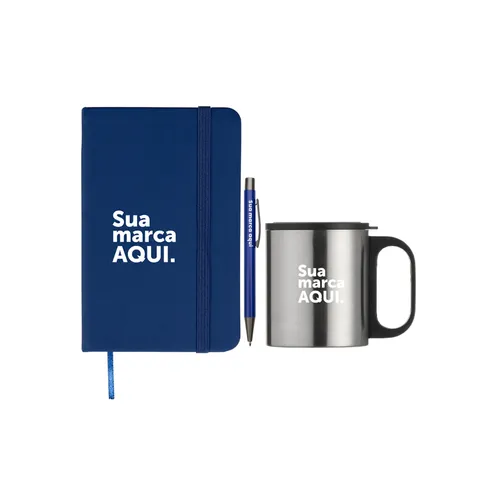 Caneca Inox 180ml + Caderneta Emborrachada + Caneta Metal-KT-130