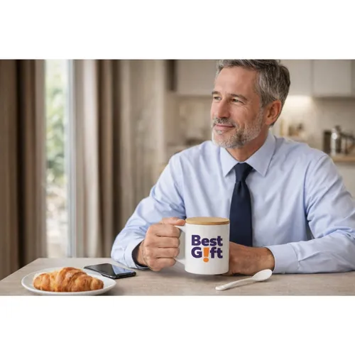 Caneca e Colher de Ceramica com tampa de Bambu natural.-BG191