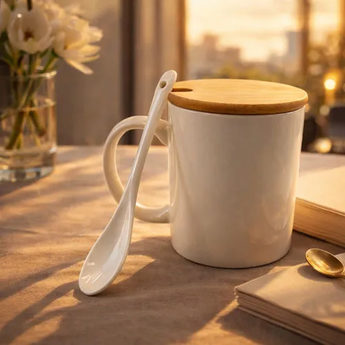 Caneca e Colher de Ceramica com tampa de Bambu natural.-BG191