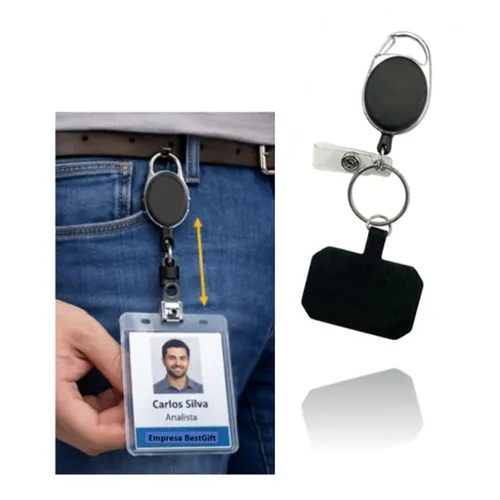 Chaveiro Mosquetão Retrátil, Porta-Crachá ou Suporte de Celular - Preto-BG178