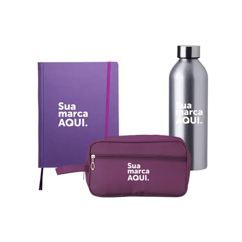 Garrafa Alumínio 800ml + Caderneta Couro Sintético + Nécessaire Poliéster-KT-150