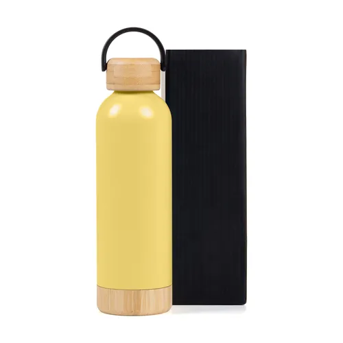 Garrafa Parede Dupla Com Detalhes Em Bambu - Amarela - 500 Ml-IS-01546