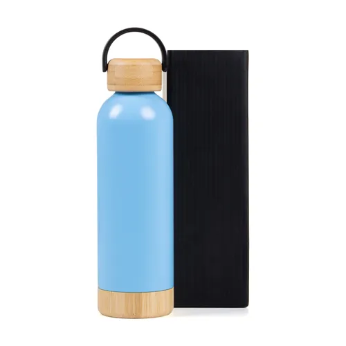Garrafa Parede Dupla Com Detalhes Em Bambu - Azul - 500 Ml-IS-01543