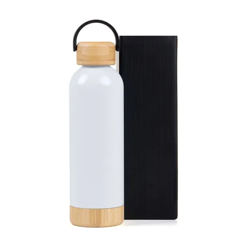 Garrafa Parede Dupla Com Detalhes Em Bambu - Branca - 500 Ml-IS-01540