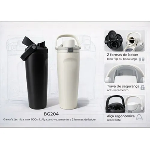 Garrafa termica Inox 900ml com alca, trava, anti-vazamento e 2 formas de beber-BG204
