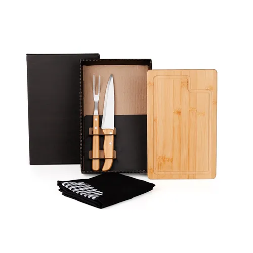 KIT PARA CHURRASCO EM BAMBU / MADEIRA / INOX COM AVENTAL - 4 PÇS-ME-19163