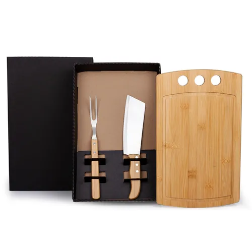 KIT PARA CHURRASCO E COZINHA EM BAMBU / MADEIRA / INOX - 3 PÇS-KT-90193