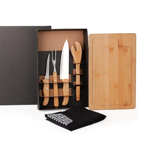 KIT PARA CHURRASCO EM BAMBU / MADEIRA / INOX COM AVENTAL - 6 PÇS-ME-04803