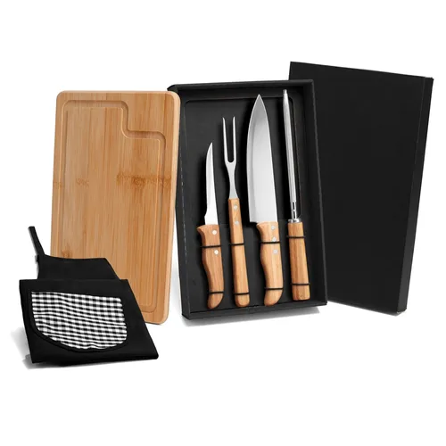 KIT PARA CHURRASCO EM BAMBU COM AVENTAL, TÁBUA E FACAS-003MRPME-04823