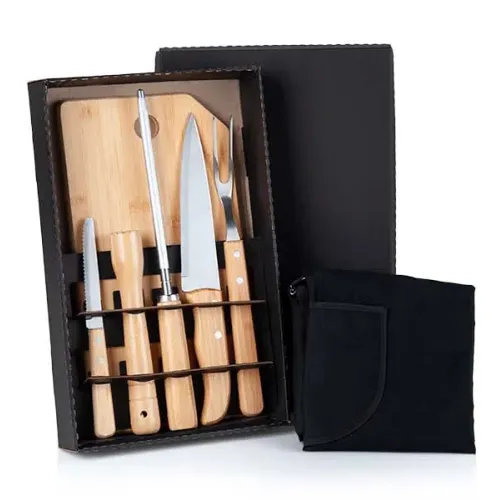 KIT PARA CHURRASCO EM BAMBU/INOX COM AVENTAL- 8 PÇS-ME-20883