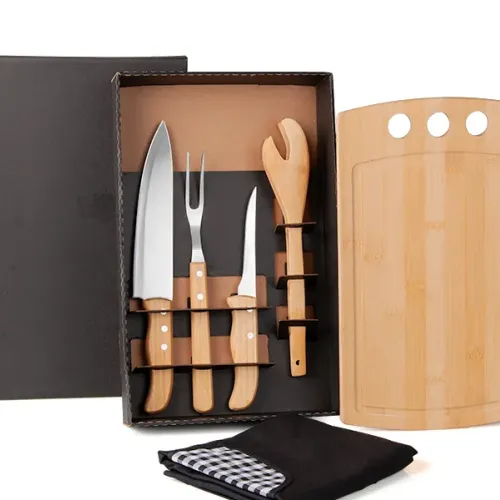 KIT PARA CHURRASCO EM BAMBU / MADEIRA / INOX COM AVENTAL - 6 PÇS-ME-21803