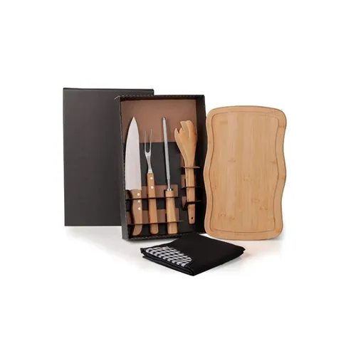 KIT PARA CHURRASCO EM BAMBU / MADEIRA / INOX COM AVENTAL - 6 PÇS BAMBU-ME-32813-BAMBU