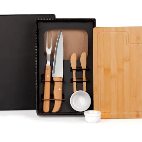 CONJ. PARA CHURRASCO E PETISCO EM BAMBU / MADEIRA / PORCELANA - 7 PÇS-ME-19663