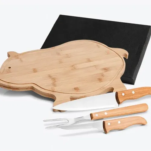 KIT PARA COZINHA COM TÁBUA PORCO EM BAMBU / MADEIRA / INOX - 4 PÇS-MB-40123