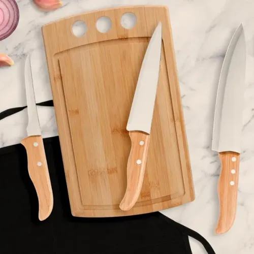 KIT PARA COZINHA EM BAMBU / MADEIRA / INOX COM AVENTAL - 6 PÇS-ME-21853