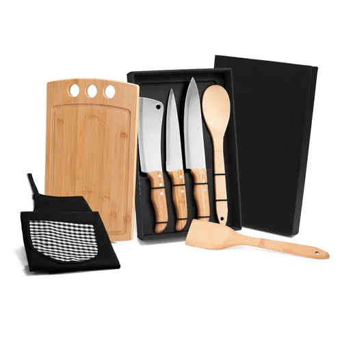 KIT PARA COZINHA EM BAMBU / MADEIRA / INOX COM AVENTAL E TOUCA - 8 PÇS-ME-21863