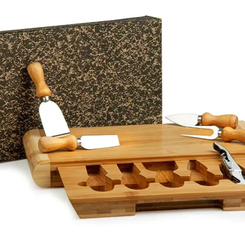 KIT PARA QUEIJO EM BAMBU / INOX COM ABRIDOR DE VINHO 6 PÇS-PD-00873-NA