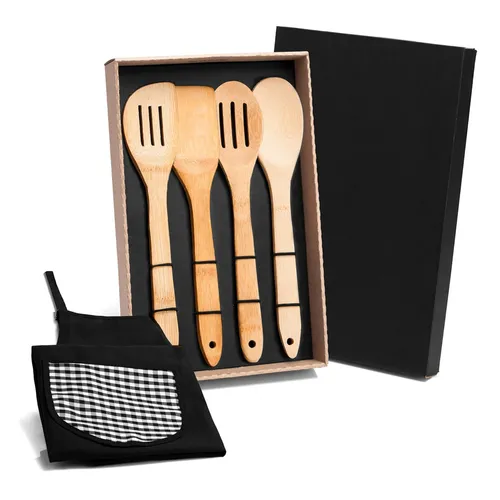 KIT UTENSÍLIOS EM BAMBU 30 CM COM AVENTAL - 5 PÇS-003MRPME-00153