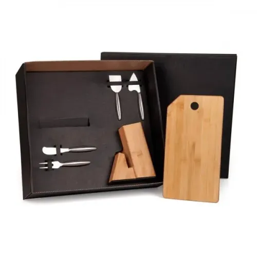 CONJUNTO PARA QUEIJO C/ CEPO EM BAMBU / INOX - 5 PÇS-KT-90162