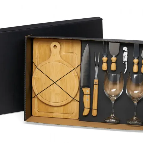 Kit Churrasco, Queijo e Vinho 11 Peças – Personalizado com Tábuas em Bambu, Taças e Utensílios em In-KT-9027Q