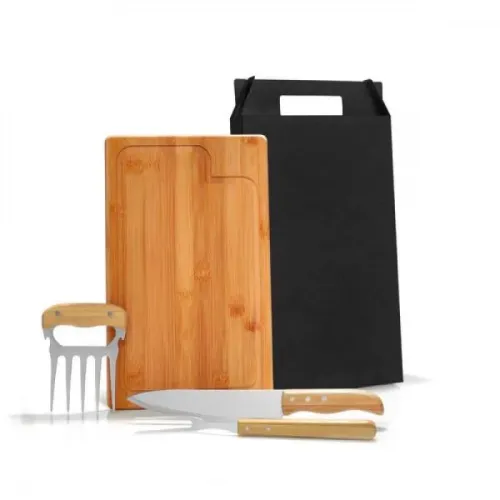 KIT PARA CHURRASCO EM BAMBU / MADEIRA / INOX - 4 PÇS-KT-90308