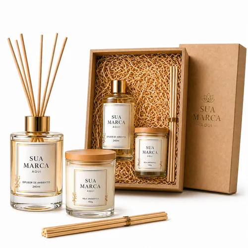 Kit Aromático Corporativo Personalizado com Difusor 240ml e Vela Aromática em Caixa MDF-75465-2
