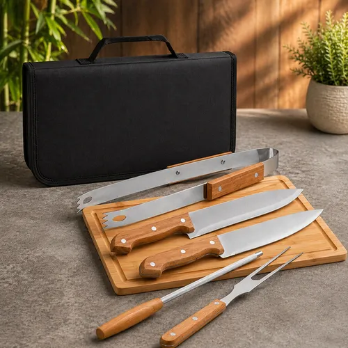 Kit Churrasco com Tábua em Bambu e Estojo-KFA0046