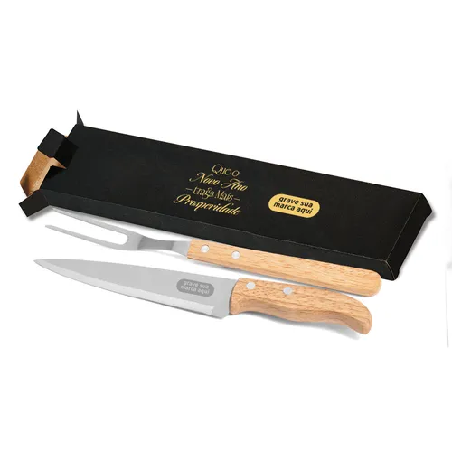 Kit Churrasco 2 Peças – Personalizado com Faca 7” e Garfo em Madeira/Inox-KF-90406