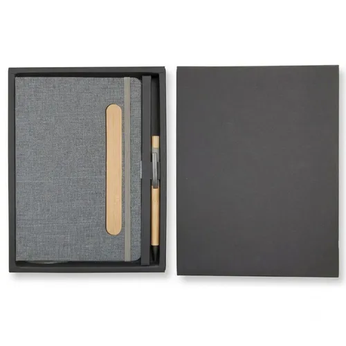 Kit Executivo com Bloco de Anotações em Tecido com Suporte para Celular, Caneta de Bambu e Estojo-HXZ0066