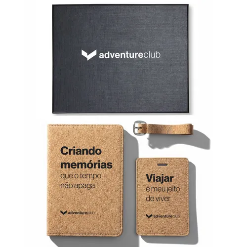 Kit Viagem em Cortiça com Porta-Passaporte e Tag de Bagagem Personalizado-18042