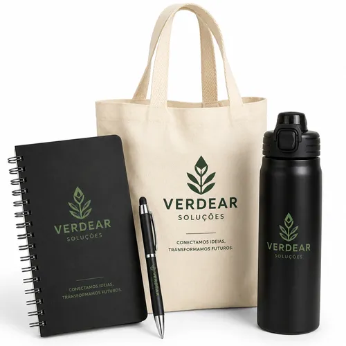 Kit de Boas-Vindas Personalizado com Garrafa Térmica, Caderno, Caneta e Sacola-KIT- BV002