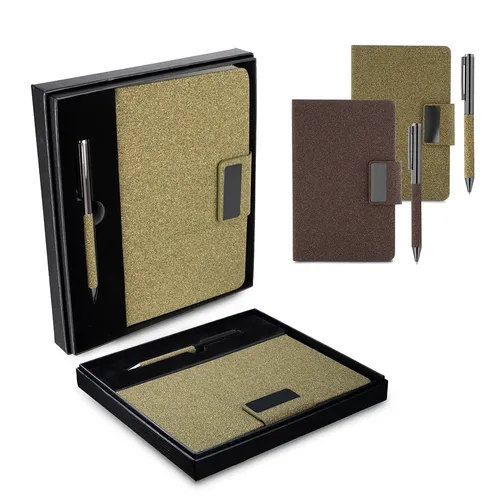 Kit escritório A5 em PU e fibra de café ou chá e Caneta Metalica-CAD445