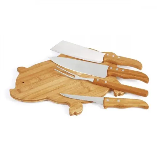 KIT PARA COZINHA COM TÁBUA PORCO EM BAMBU / MADEIRA / INOX - 5 PÇS-MB-40683